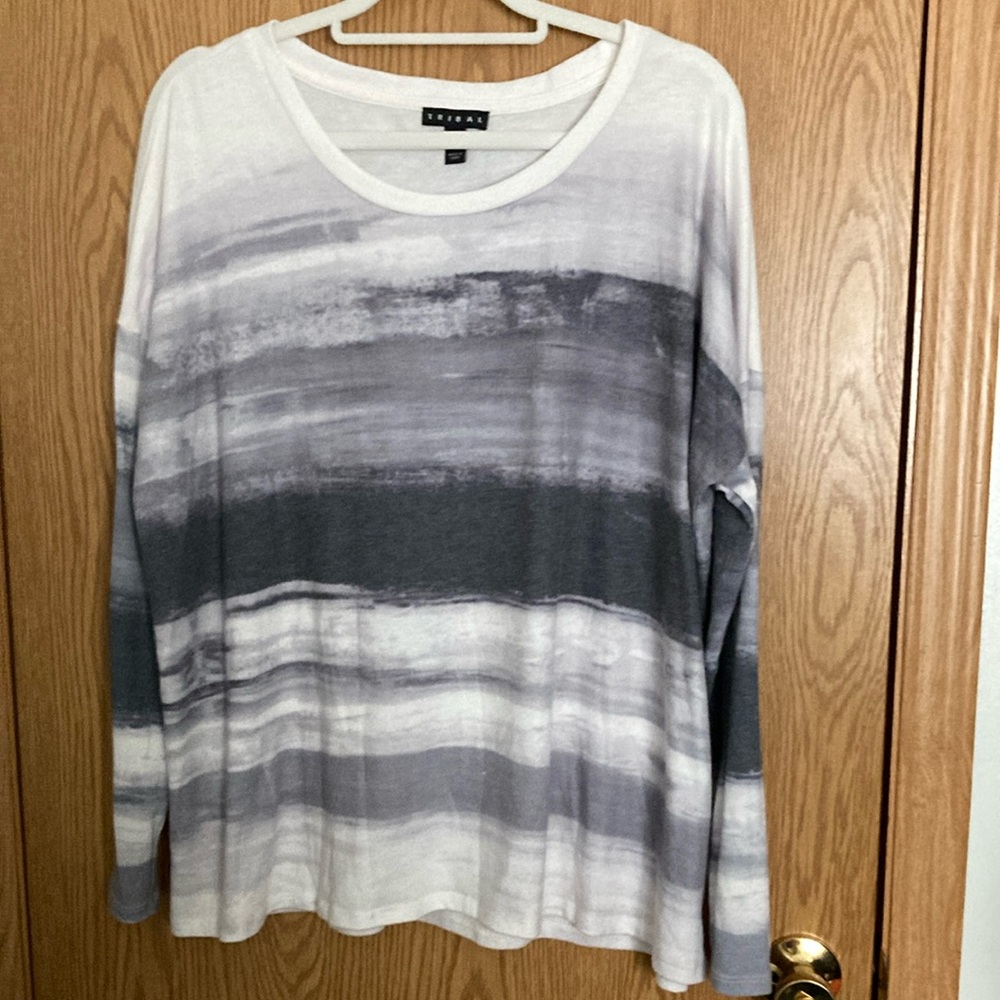 Gray and White Striped Long Sleeve Top
